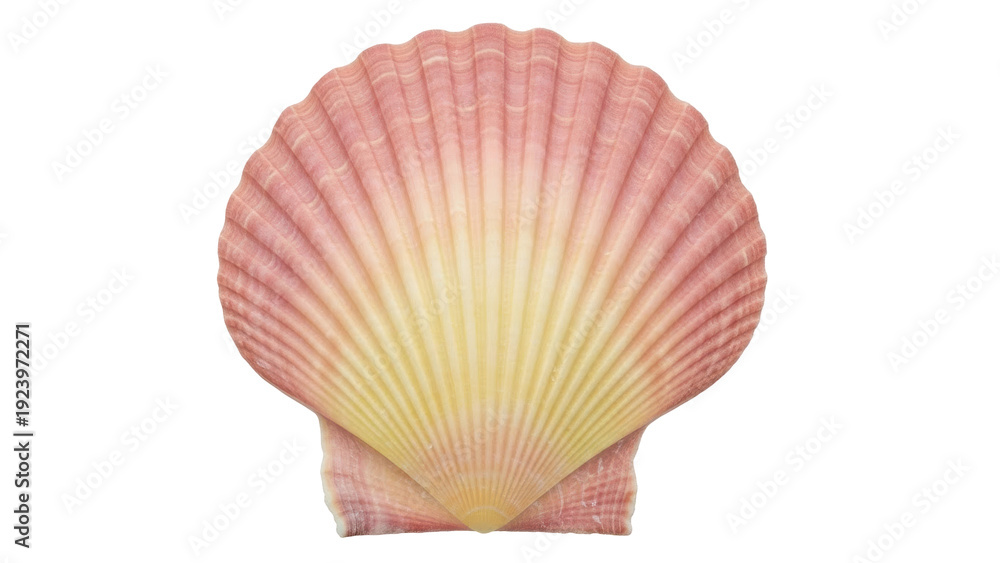 Fototapeta premium Isolated Sea Shell Scallop Shellfish Summer Sea Ocean Beach Coral Pink and Yellow Seafood Souvenir