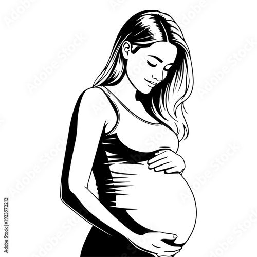 Monochromatic illustration of a serene pregnant woman gently cradling her burgeoning belly, symbolizing new life, motherhood, and tender anticipation