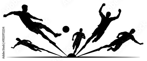 Action silhouettes of soccer players kicking ball in a dynamic sports composition