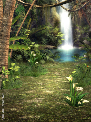 Tropical Rainforest Waterfall Secret Scene, Dreamy Natural Atmosphere Illustration