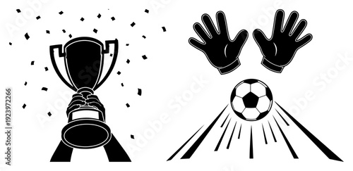 Collection of soccer sports icons featuring champion trophy and goalkeeper gloves and flying ball