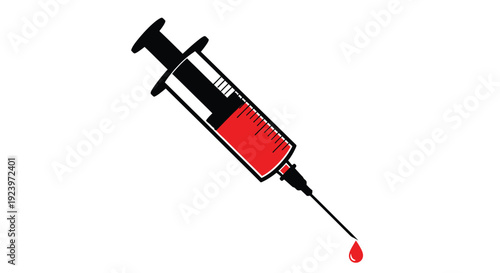 A red liquid filled syringe with a droplet stark silhouette