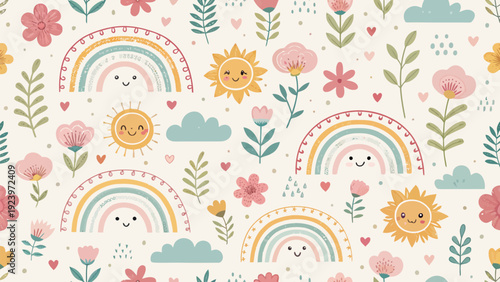 Whimsical floral pattern with smiling rainbow and sun designs