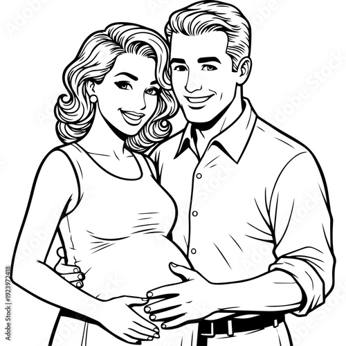 Joyful expectant couple, a radiant pregnant woman and her loving partner, share a tender moment, embracing the beautiful journey of parenthood and the anticipation of their baby