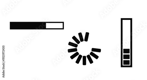 Loading indicators with progress bars and spinning wheel black silhouette