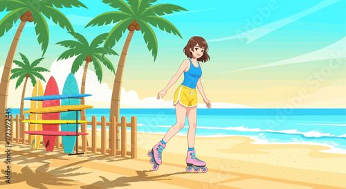 Young woman roller skating on a sunny beach.