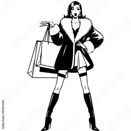 Stylish woman in fur coat holding shopping bags with a fashionable look and confident pose