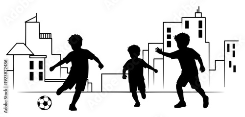 Group of children playing soccer on urban street with city buildings background