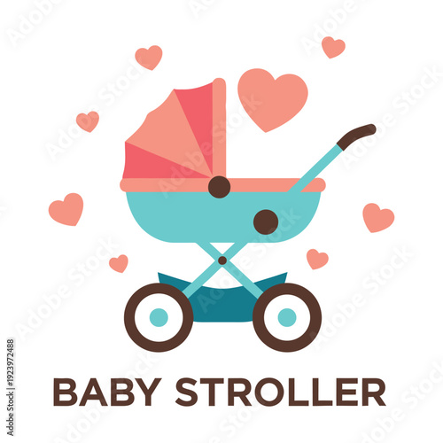 Cute baby stroller with hearts floating around it on white background icon