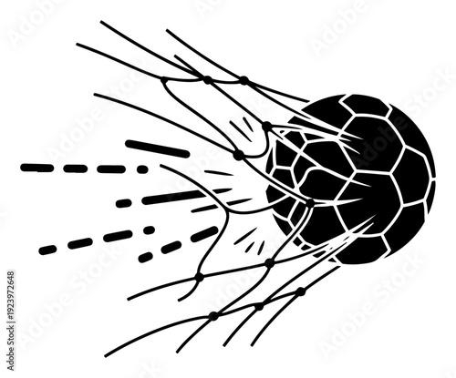 High speed soccer ball hitting the net with dynamic motion lines and high contrast