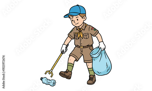 Scout boy picking up plastic bottle with litter picker and trash bag