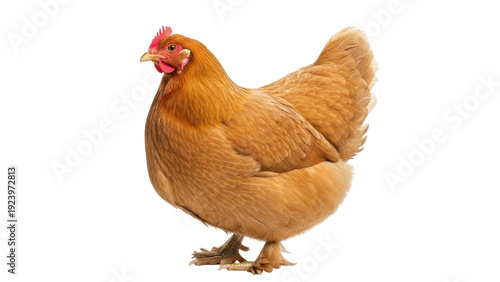 Isolated ginger hen standing, studio shot against neutral backdrop with bright lighting