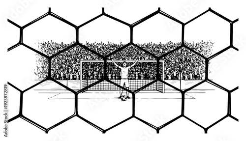 View through a soccer net of a goalkeeper standing in front of goal and fans