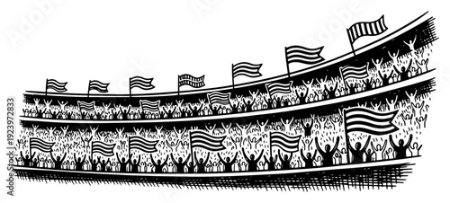 Hand drawn sketch of a cheering stadium crowd with many flags and supporters