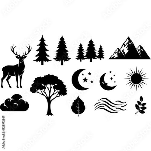 Nature Landscape Silhouette Icon Set with Deer, Trees, Mountains and Moon