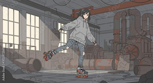 Young woman roller skating with focused expression.