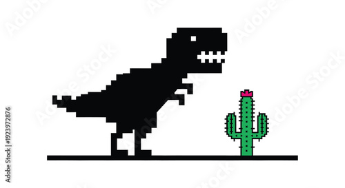 Pixelated dinosaur running toward a cactus retro game style silhouette