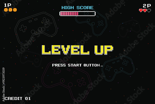 LEVEL UP icon pixel art. 8 bit game. retro game. Retro Futurism Sci-Fi Background. glowing neon grid. and stars from vintage arcade computer games