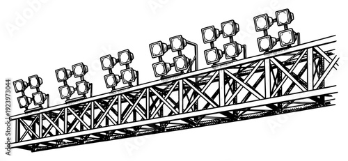 Row of stadium floodlights on a metal structure for sports events in detailed black and white sketch