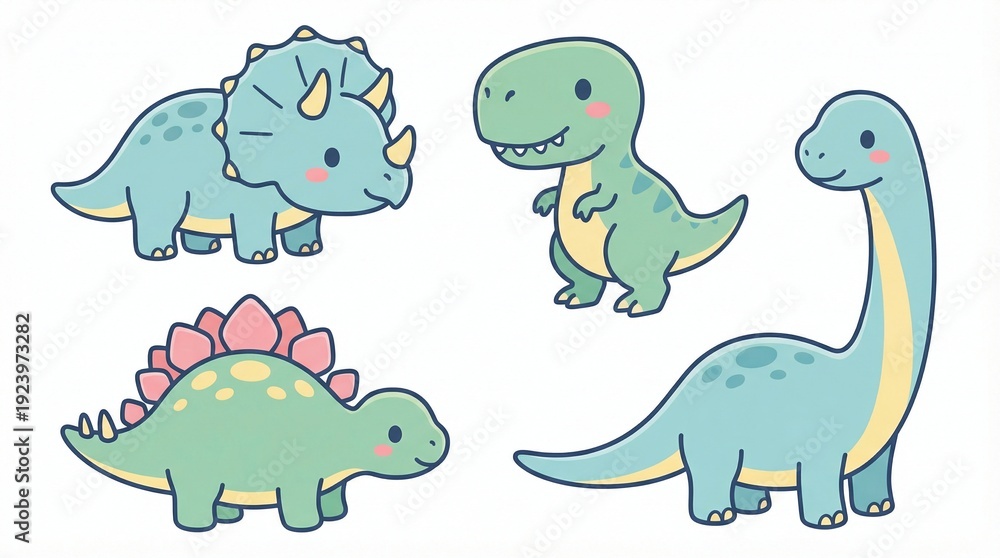 Obraz premium Cute cartoon dinosaurs set isolated on white background kids illustration