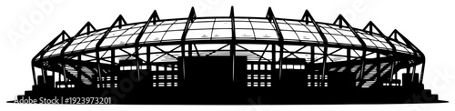 High contrast silhouette of a modern sports stadium building with detailed roof architecture
