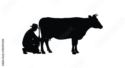 Farmer milking a cow in a striking black silhouette