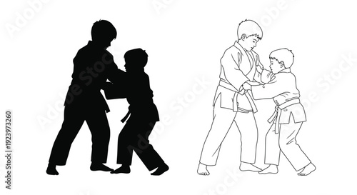 Two children practicing martial arts a striking black silhouette