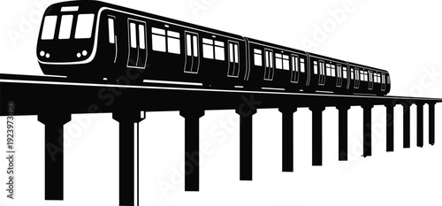 Elevated metro train silhouette black and white urban railway transportation vector illustration city infrastructure design