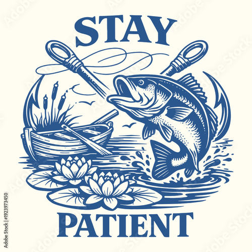 Stay Patient Fishing Vector Illustration Featuring Jumping Bass Fish Boat and Lotus in a Serene Woodcut Graphic Style