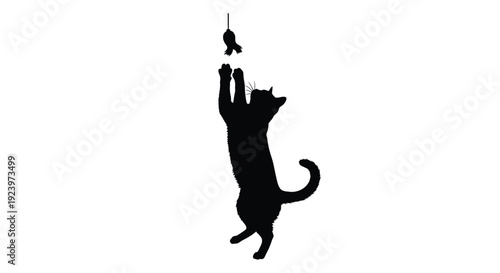 A playful cat reaches for a dangling object black silhouette