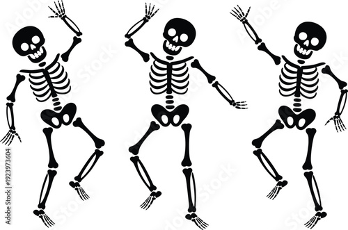 Three dancing skeletons in black silhouette against a white background celebrating a spooky event