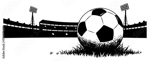 Soccer ball on green grass field in stadium with floodlights silhouette background