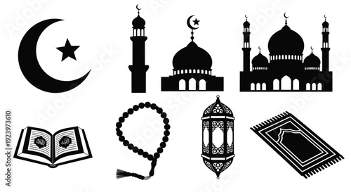 Islamic symbols including a crescent moon and mosque black silhouette