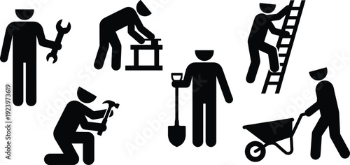 Set of construction worker silhouettes including builder icons with tools like wrench hammer shovel ladder and wheelbarrow isolated on white background for industrial design