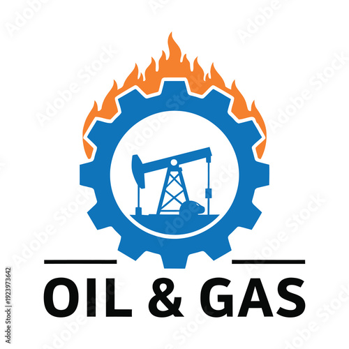 Oil and gas industry logo with gear cog and pumpjack  energy sector symbol icon