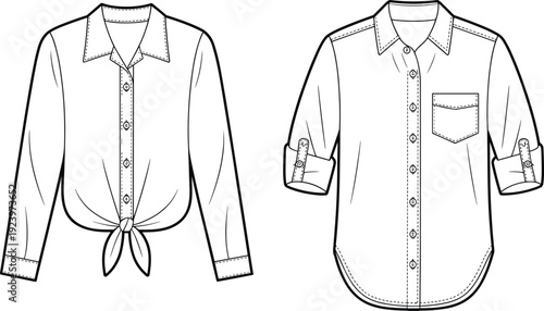 Two distinct styles of women's long-sleeved button-up shirts presented as black and white fashion showcasing different collar and cuff details