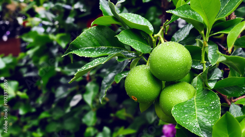 Wallpaper Mural Green orange fruit on tree with water drops Torontodigital.ca