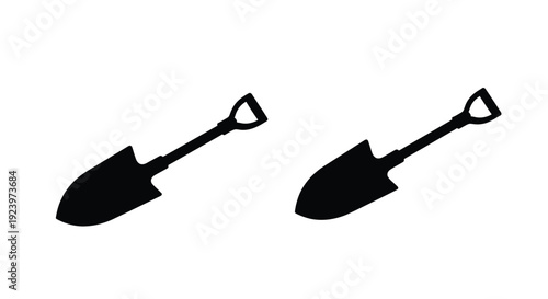 Two black silhouettes of garden shovels against a white background silhouette