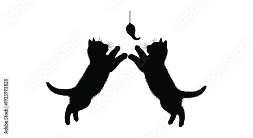 Two playful cats reaching for a dangling object black silhouette