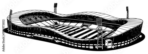 Isometric vector silhouette of a modern sports stadium with unique architectural roof