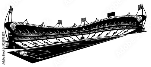 Detailed perspective silhouette of a professional football stadium arena with floodlights