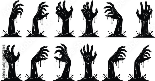 Zombie hand silhouette collection emerging from ground, horror illustration set for Halloween, scary undead, spooky design, and dark fantasy concepts