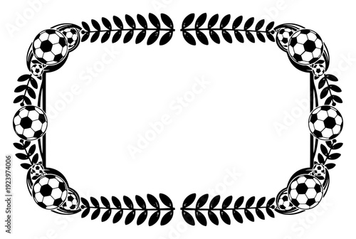Decorative rectangular frame with soccer balls and laurel leaves for sports awards