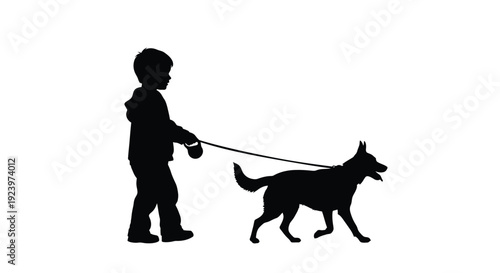 A young boy walking a dog on a leash black silhouette