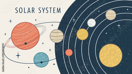 Vibrant solar system illustration with planets and stars in space