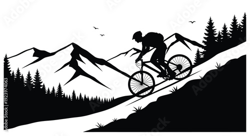 Mountain biker rides downhill amidst a scenic landscape silhouette