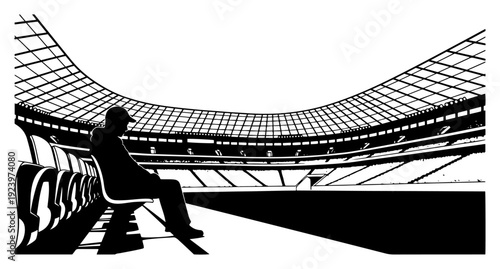 Silhouette of a lonely spectator sitting on stadium seats looking at empty field