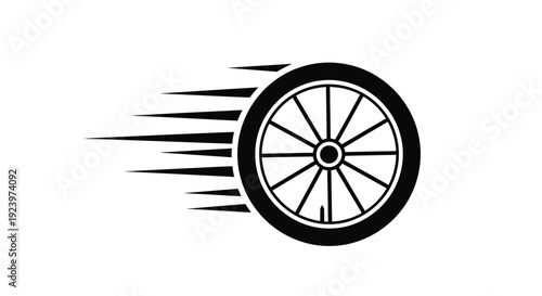 A speeding wheel with motion lines a striking black silhouette