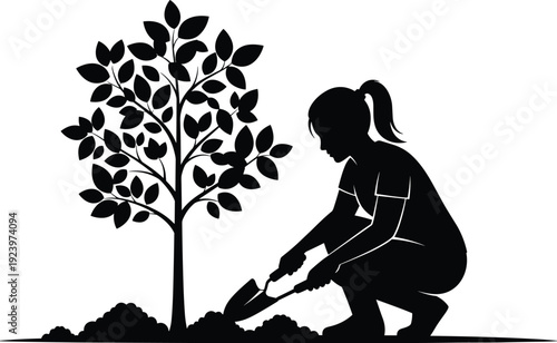 Girl planting tree silhouette black and white gardening nature conservation vector illustration environmental concept design graphic