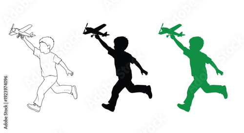 Children joyfully launching paper airplanes depicted in varying colors silhouette